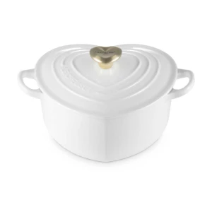 Brytfanna Le Creuset w Kształcie Serca z Uchwytem do Pokrywki Serce 20 cm / 1.9L biała ze złotym wykończeniem