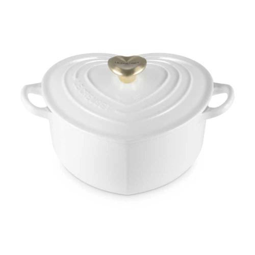 Brytfanna Le Creuset w Kształcie Serca z Uchwytem do Pokrywki Serce 20 cm / 1.9L biała ze złotym wykończeniem